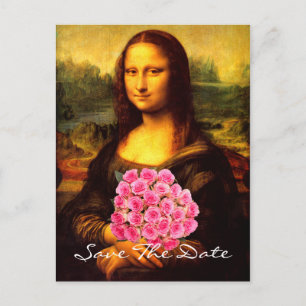 Mona Lisa met een bolling van roze rozen Aankondigingskaart