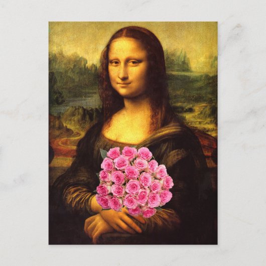 Mona Lisa met een bolling van roze rozen Briefkaart (Voorkant)