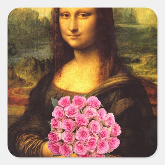 Mona Lisa met een bolling van roze rozen Vierkante Sticker (Voorkant)
