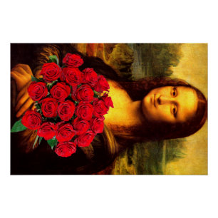Mona Lisa met een eenhoevige rode rozen Perfect Poster