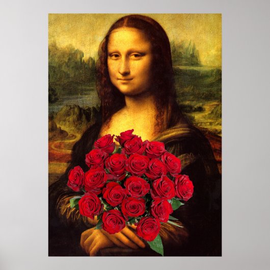 Mona Lisa met een eenhoevige rode rozen Poster (Voorkant)