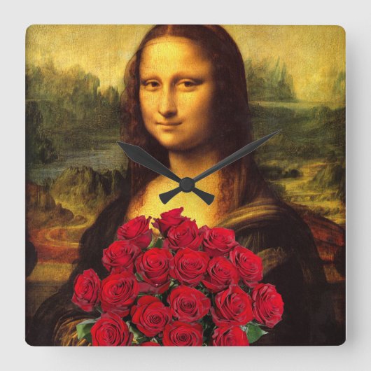 Mona Lisa met een eenhoevige rode rozen Vierkante Klok (Voorkant)