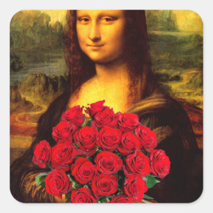 Mona Lisa met een eenhoevige rode rozen Vierkante Sticker