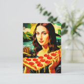 Mona Lisa met een grote pizza Briefkaart (Staand voorkant)