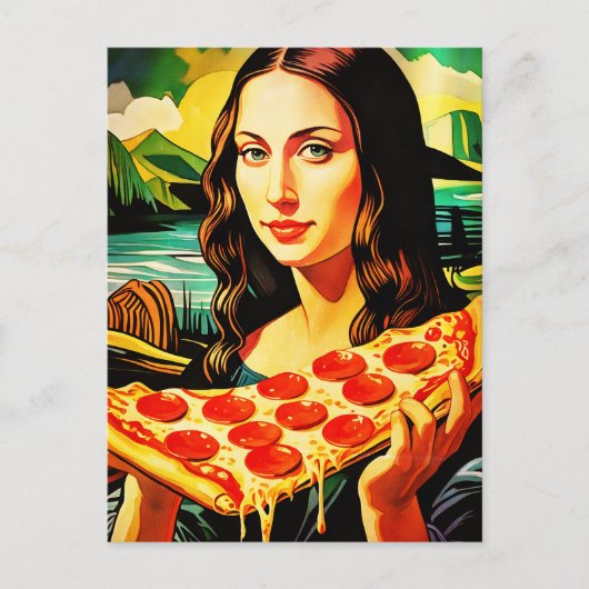 Mona Lisa met een grote pizza Briefkaart (Voorkant)