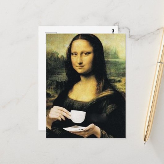 Mona Lisa met een kopje thee Leonardo da Vinci Briefkaart (Voorkant / Achterkant in situ)