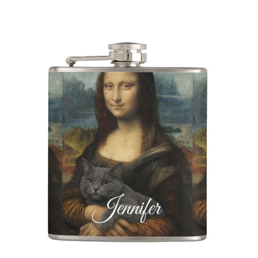 Mona Lisa met elegante grijze kat                 Heupfles (Voorkant)