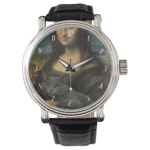 Mona Lisa met elegante grijze kat Horloge