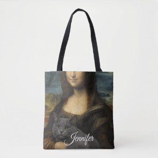 Mona Lisa met elegante grijze kat Tote Bag