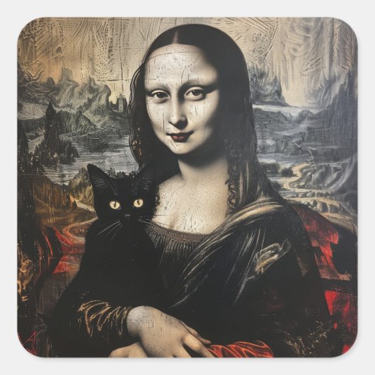 Mona Lisa met kat Vierkante Sticker (Voorkant)