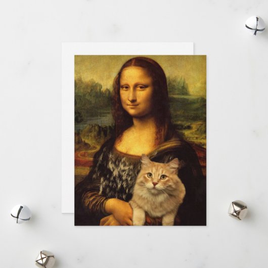 Mona Lisa met katten- en kattenbont Kattenliefhebb Feestdagenkaart (Voorkant / Achterkant in situ)