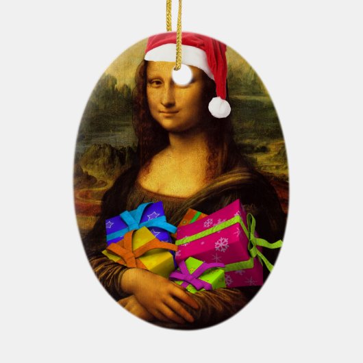 Mona Lisa met kerstpakketten Keramisch Ornament (Achterkant)