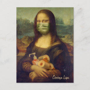 Mona Lisa met masker, toiletpapier, handbediende k Briefkaart