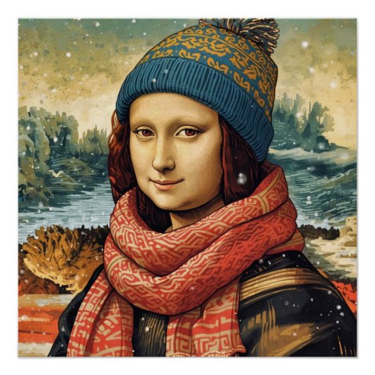 Mona Lisa met muts - winter vibes Perfect Poster (Voorkant)