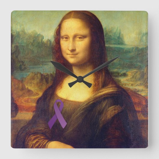Mona Lisa met Paars lintje Vierkante Klok (Voorkant)