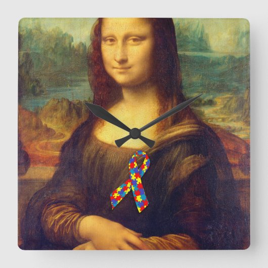 Mona Lisa met Puzzle Ribbon Vierkante Klok (Voorkant)