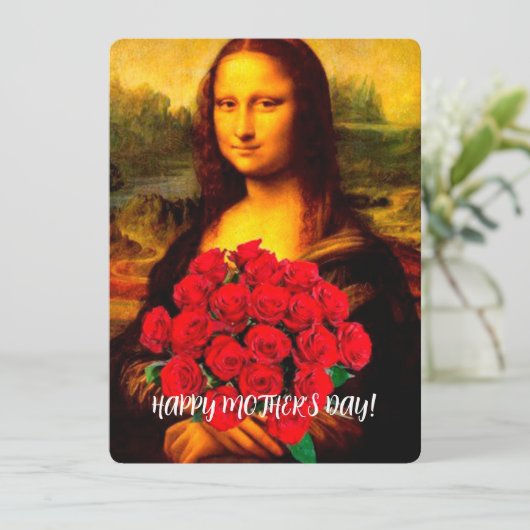 Mona Lisa met rode rozen blij Moederdag Feestdagenkaart (Staand voorkant)