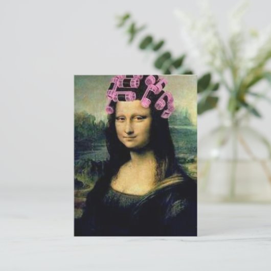 Mona Lisa met roze haarrollers Leonardo da Vinci Briefkaart (Staand voorkant)