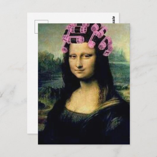 Mona Lisa met roze haarrollers Leonardo da Vinci Briefkaart (Voorkant / Achterkant)