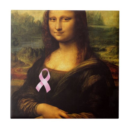 Mona Lisa met roze lint Tegeltje (Voorkant)