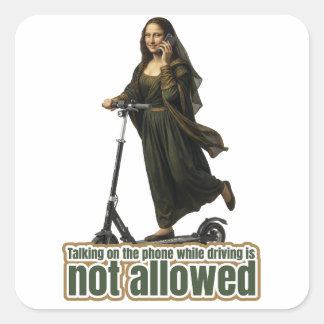 Mona Lisa on the phone riding a kick scooter Vierkante Sticker