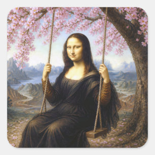 Mona Lisa op een schommel in kersenbloesem Vierkante Sticker