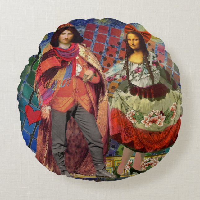 Mona Lisa Romantische Grappige Kleurrijke Kunst Rond Kussen (Voorkant)
