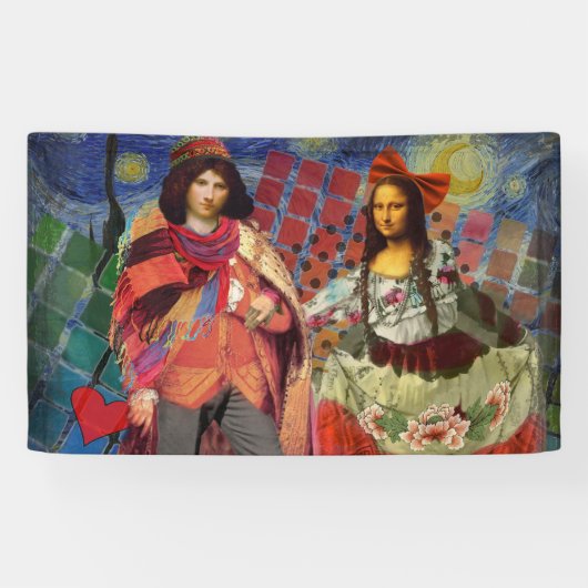 Mona Lisa Romantische Grappige Kleurrijke Kunst Spandoek (Horizontaal)