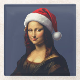 Mona Lisa Santa Hat Christmas Holiday Cut Out Glazen Onderzetter