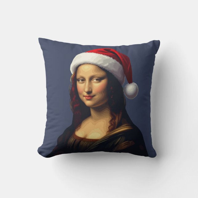 Mona Lisa Santa Hat Christmas Holiday Cut Out Kussen (Voorkant)