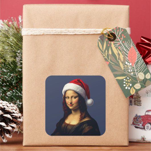 Mona Lisa Santa Hat Christmas Holiday Cut Out Vierkante Sticker (Feestdagen)