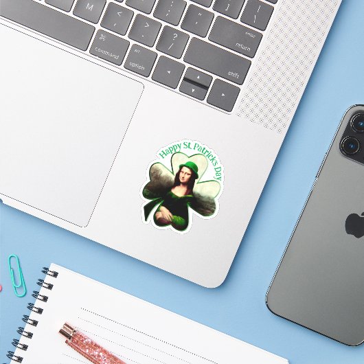Mona Lisa St. Patrick's Day Clover Sticker (Laptop met iPhone)
