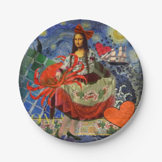 Mona Lisa Starry Night Collage: Whimsiek Surrealis Papieren Bordje (Voorkant)