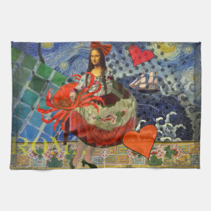 Mona Lisa Starry Night Collage: Whimsiek Surrealis Theedoek