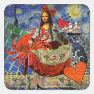 Mona Lisa Starry Night Collage: Whimsiek Surrealis Vierkante Sticker
