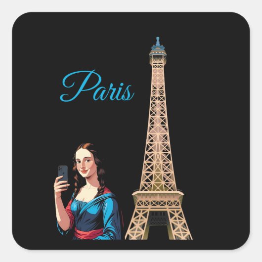 MONA LISA TAKING SELFIE SURREAL PARIS  VIERKANTE STICKER (Voorkant)