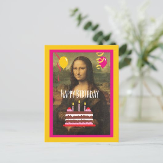 Mona Lisa Verjaardag met taart en ballonnen Briefkaart (Staand voorkant)