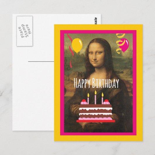 Mona Lisa Verjaardag met taart en ballonnen Briefkaart (Voorkant / Achterkant)