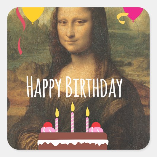 Mona Lisa Verjaardag met taart en ballonnen Vierkante Sticker (Voorkant)