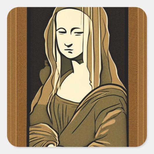 Mona Lisa Wood Carving Style Sepia Line Art Vierkante Sticker (Voorkant)