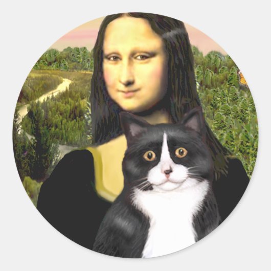 Mona Lisa - zwarte en witte kat Ronde Sticker (Voorkant)