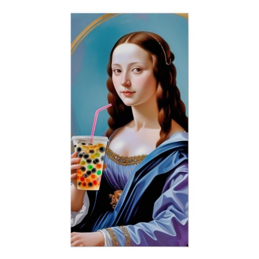Mona Lisa's Bubble Tea Moment – Glossy Poster (Voorkant)