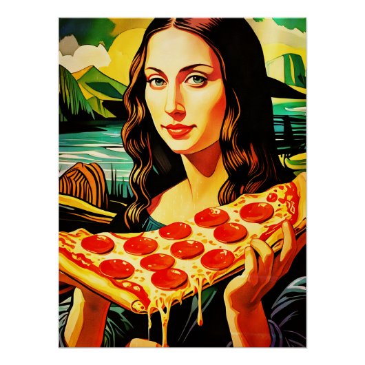 Mona Lisa's Pizzamoment – Glanzende Poster (Voorkant)