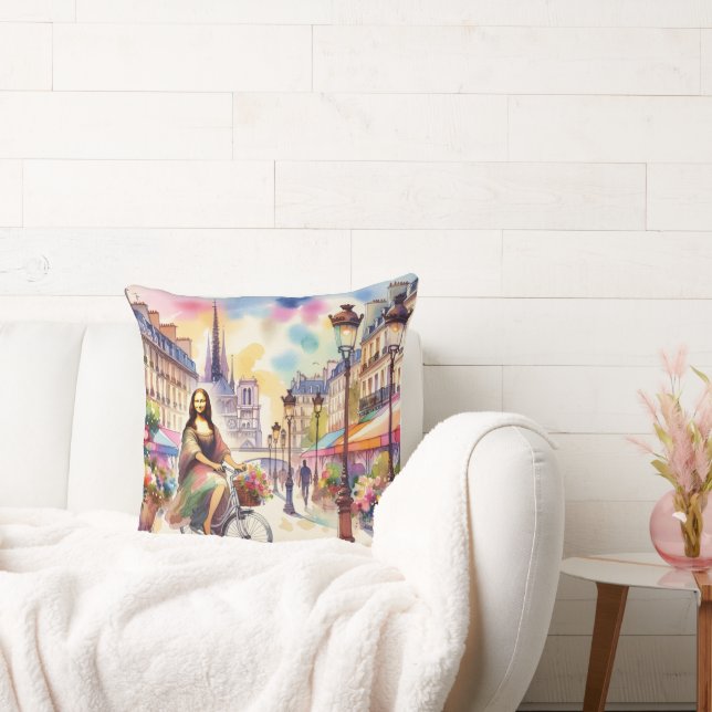 Mona with bicycle in Paris Throw Pillow Kussen (Bank)