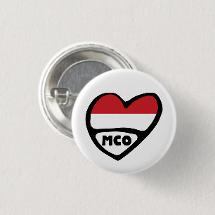 Monaco Country Code Flag Heart Pin Badge, MCO Ronde Button 3,2 Cm