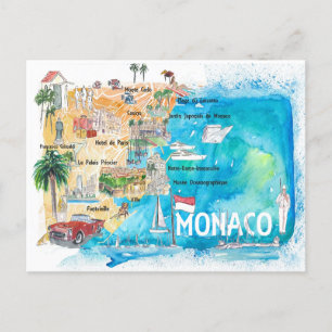 Monaco Monte Carlo Illustrated Map met Landmarks Briefkaart