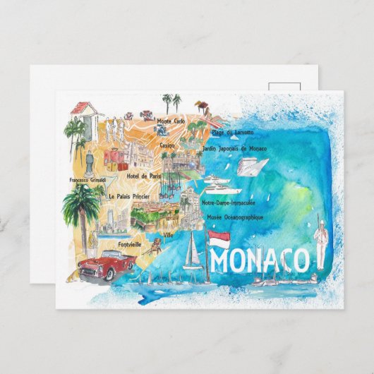 Monaco Monte Carlo Illustrated Map met Landmarks Briefkaart (Voorkant / Achterkant)
