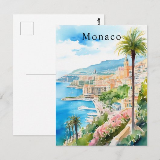 Monaco Waterverf Retro Reizen Mediterraan Briefkaart (Voorkant / Achterkant)