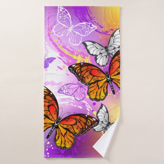 Monarch Butterflies op Paarse achtergrond Badhanddoek (Badhanddoek)
