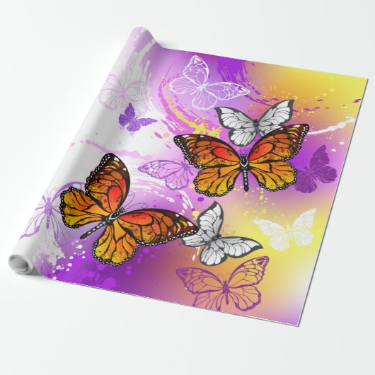 Monarch Butterflies op Paarse achtergrond Cadeaupapier (Uitgerold)